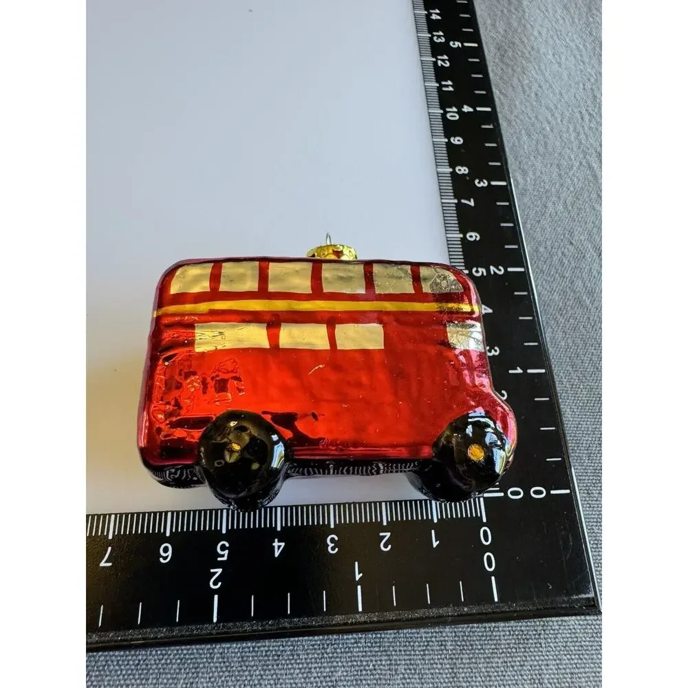 Vintage Blown Glass Red Double Decker Bus Christmas Ornament Roadmasters 4 EUC